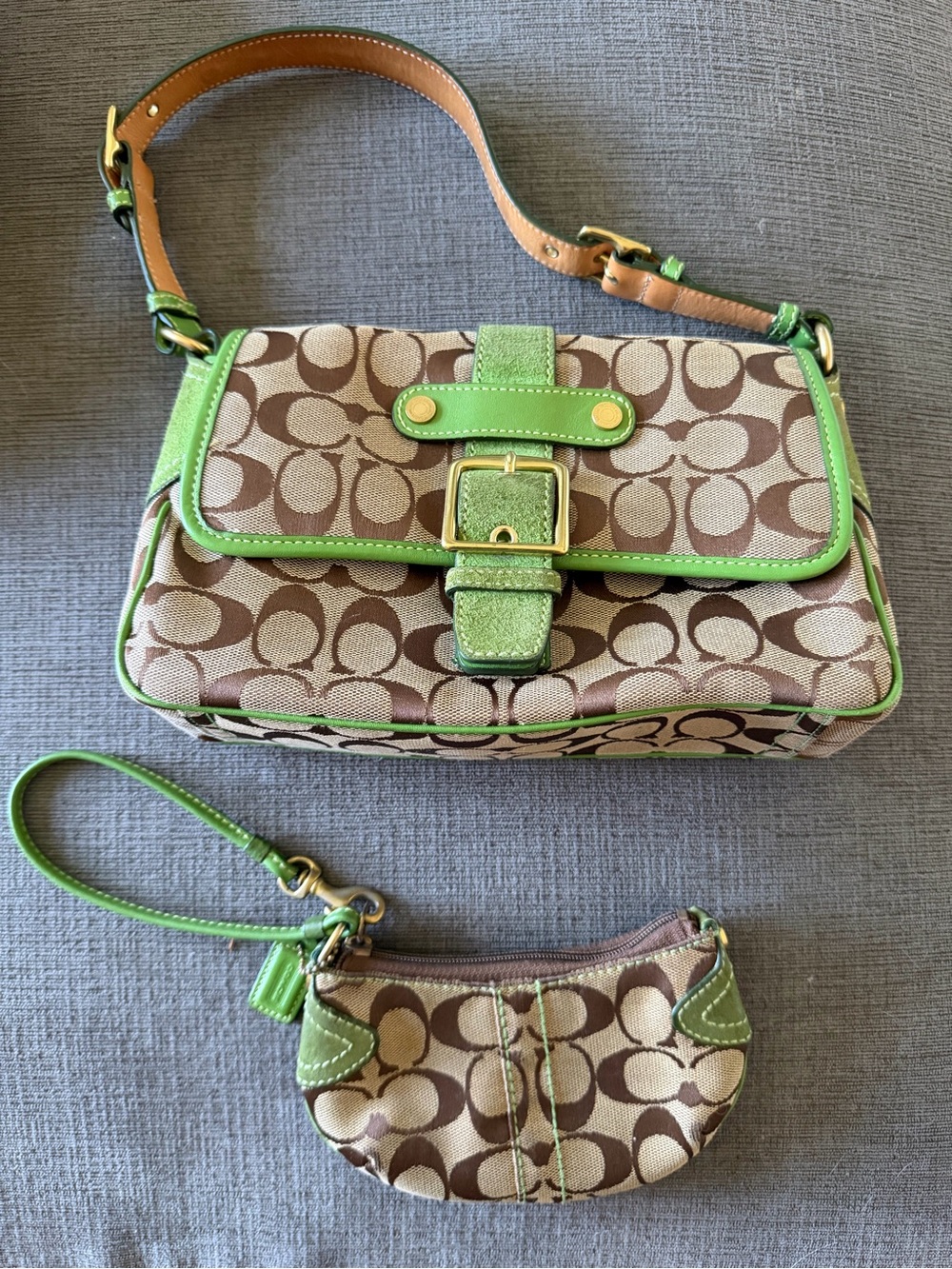 Coach Brown Signature Canvas Shoulder Bag with Green Trim